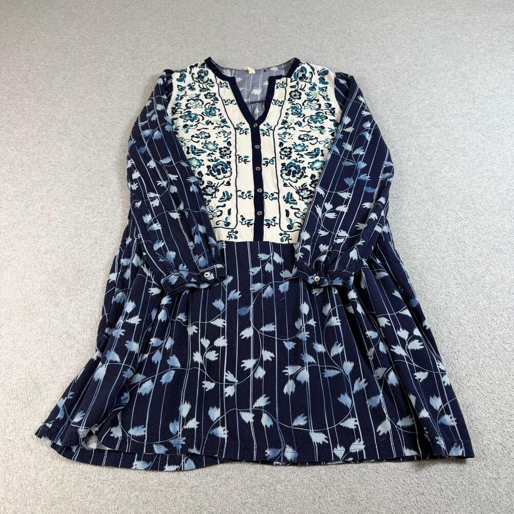 Tiny Anthro Dress Women Small Blue Floral Embroider Shirt Tunic Lagenlook Pocket